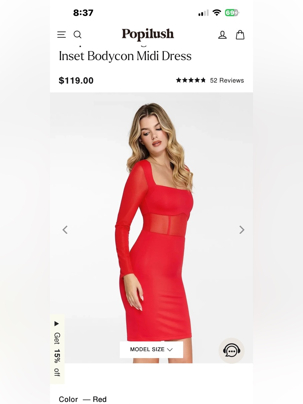 Popilush Red Inset Bodycon Midi Dress